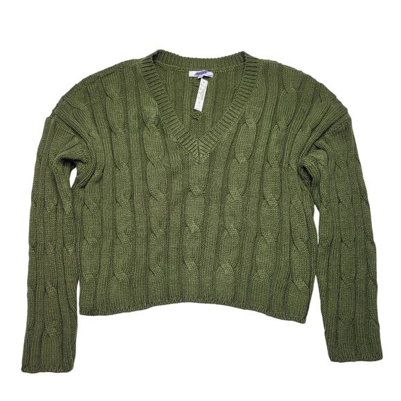 Madewell Cable Knit V Neck Crop Sweater Olive Green Loden Holiday Cabincore XL - Picture 2 of 7